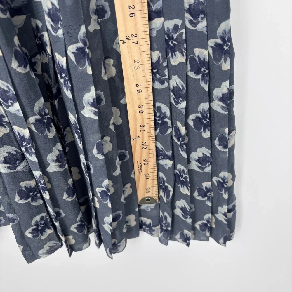 Tory Burch Cecilia Floral Pleated Dress Sz 2 Blue Cream A-Line Bow‎ Neck Chiffon